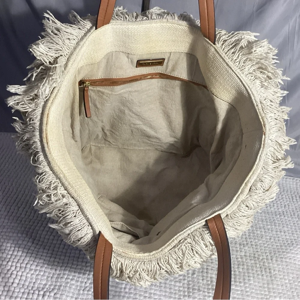 Tory Burch Black & Blue Pom Pom Canvas Tote Bag with Fringe & Leather Handles